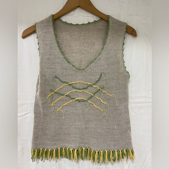 Tops - Linen  Knit Top with Green and Yellow Tassels